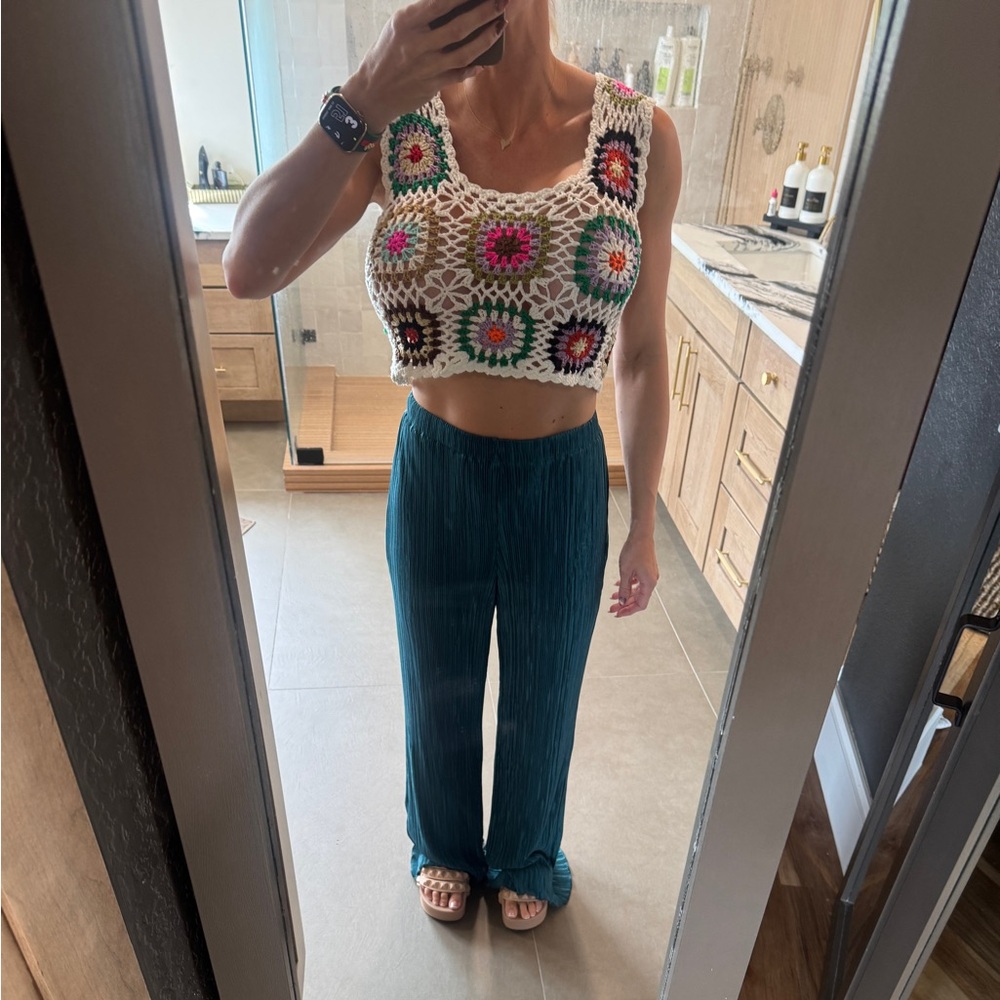 12th Tribe Blue Wide Leg Pants High Waisted and crochet top